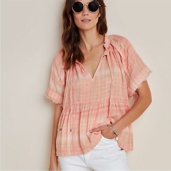 ANTHROPOLOGIE THE BETTE BABYDOLL PEASANT BLOUSE IN CORAL PINK SIZE SMALL EUC - Picture 1 of 10